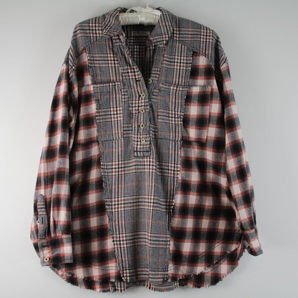 We The Free Brown Combo Plaid Flannel Oversized Button Placket Top Tunic S